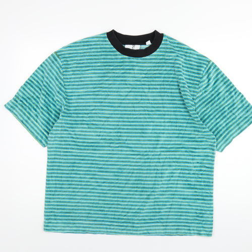 COLLUSION Mens Blue Striped Cotton T-Shirt Size L Round Neck