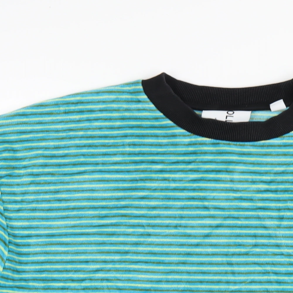 COLLUSION Mens Blue Striped Cotton T-Shirt Size L Round Neck