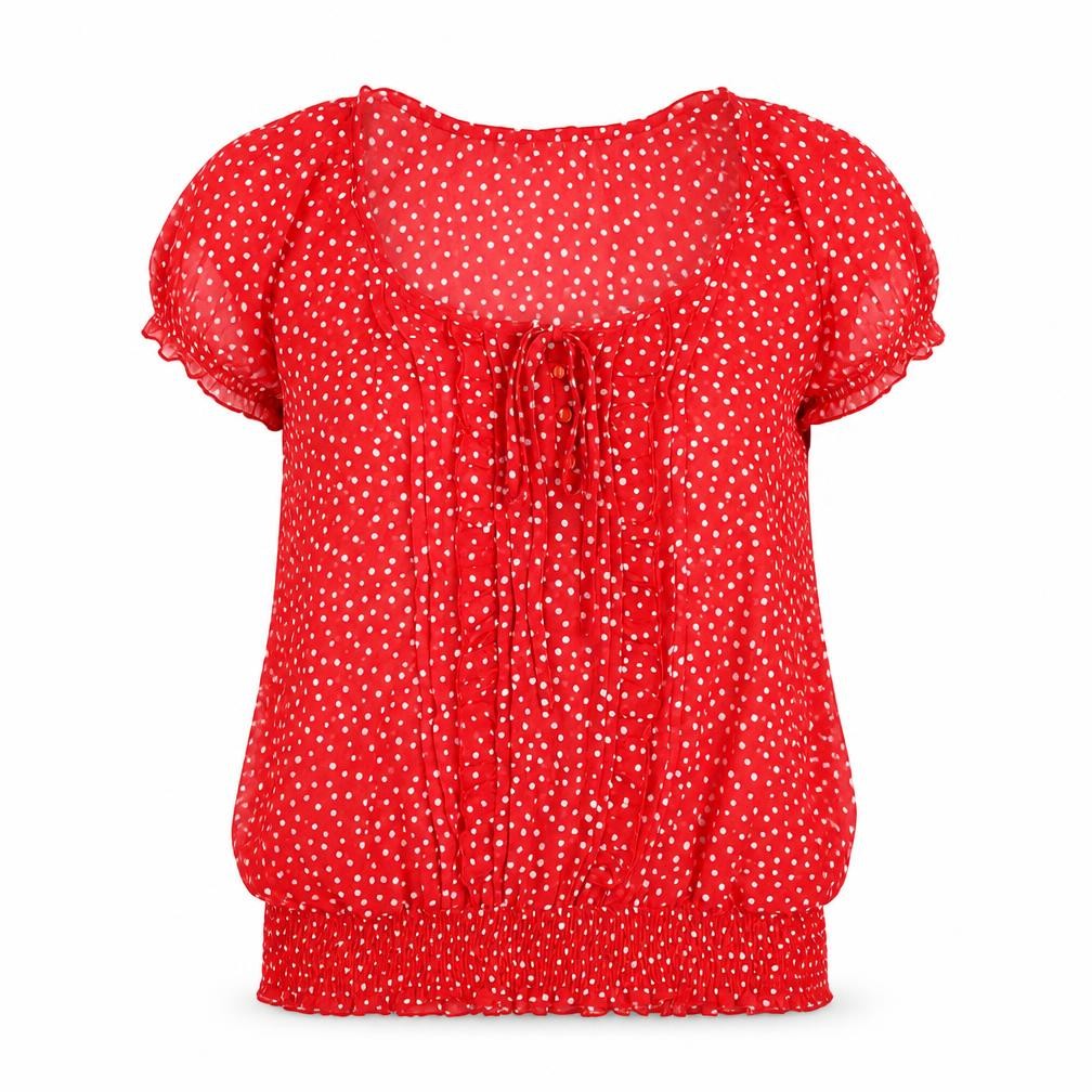 Front view of Wallis women’s red polka dot polyester basic t-shirt, size S, scoop neck