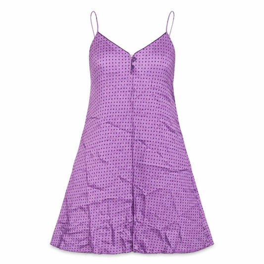 Front view of Debenhams women’s purple polka dot polyester slip dress, size UK 12, v-neck pullover