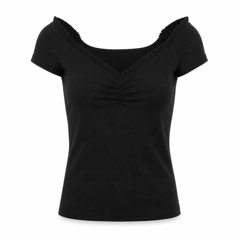 Front view of Dorothy Perkins women’s black polyester basic t-shirt, size UK 14, scoop neck