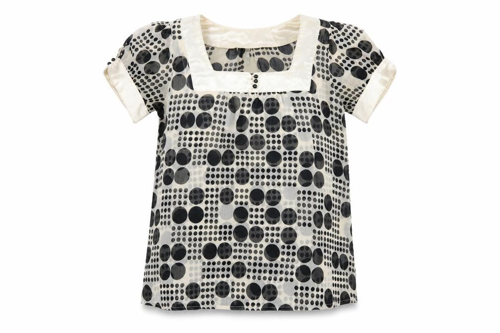 Front view of EthelAustin women’s ivory polka dot polyester basic t-shirt, size UK 14, square neck
