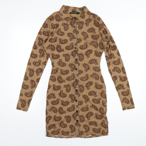 Motel Womens Brown Paisley Polyester Shirt Dress Size S Collared Button
