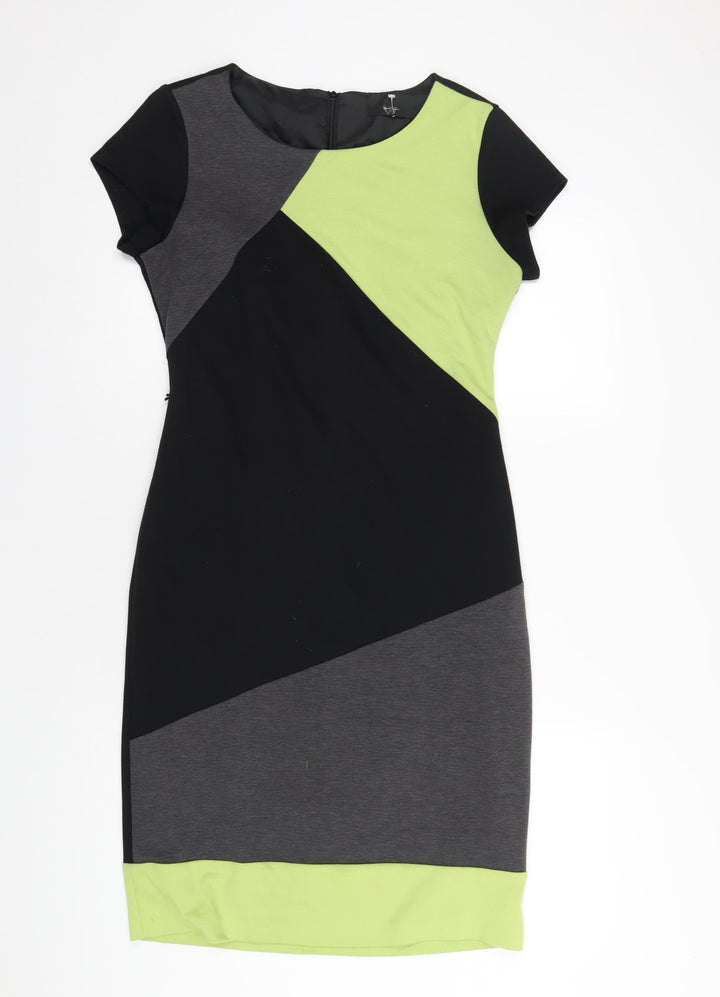 BHS Womens Multicoloured Polyester Pencil Dress Size 12 Round Neck Zip