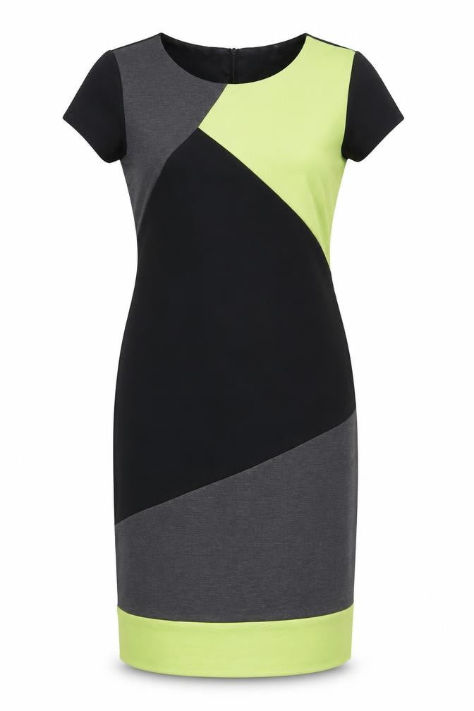 Front view of BHS women’s multicoloured polyester pencil dress, size UK 12, round neck zip