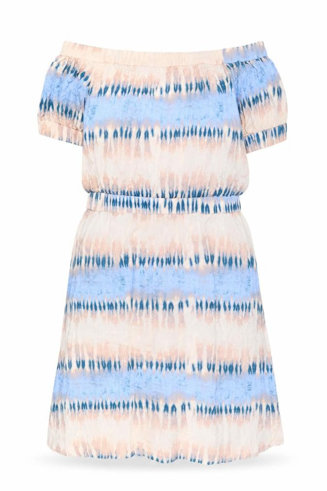 Front view of Next women’s multicoloured geometric viscose a-line, size UK 22, off the shoulder pullover