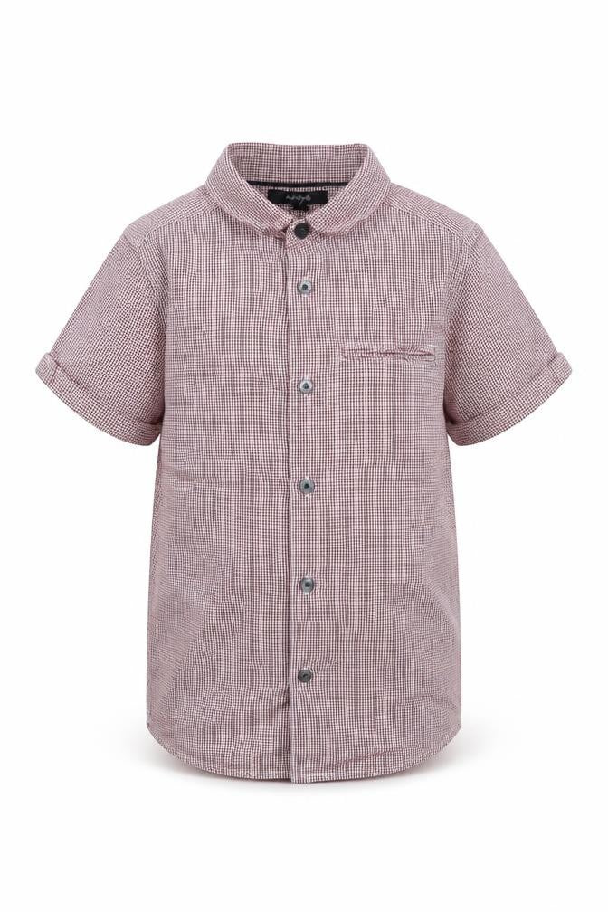 Front view of Autograph boys’ red check cotton basic button-up, size 7-8, years collared button
