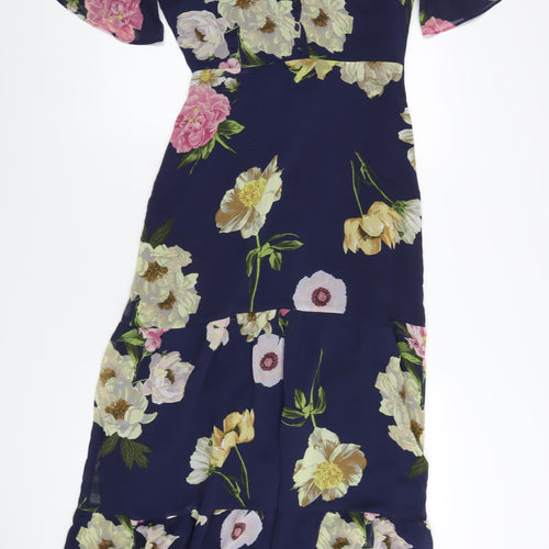 Warehouse Womens Blue Floral Polyester A-Line Size 10 V-Neck Zip