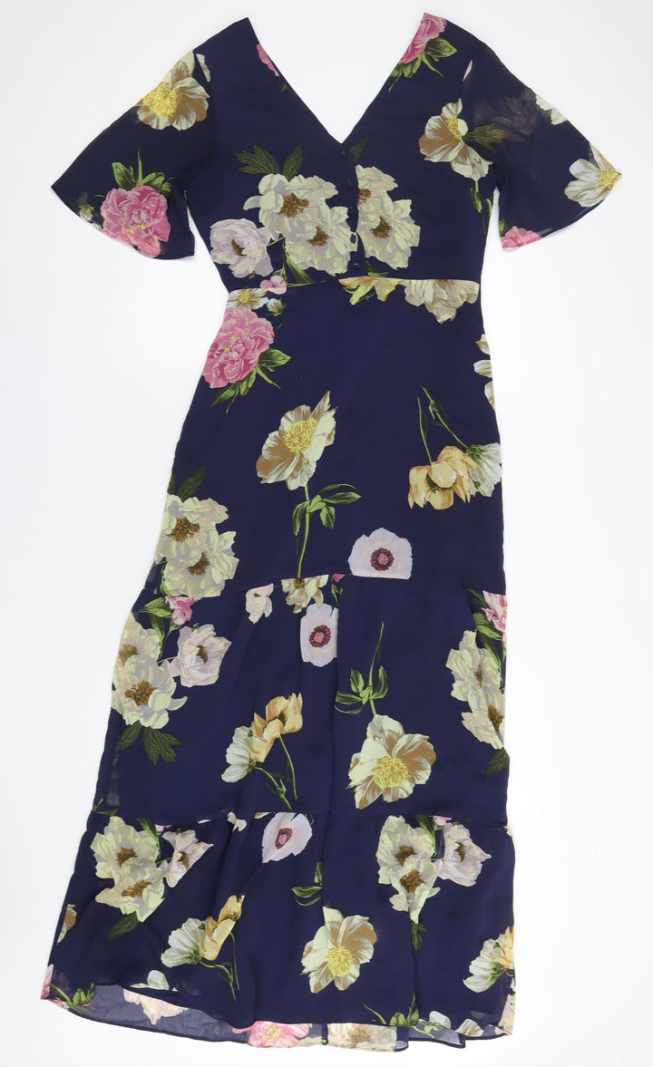 Warehouse Womens Blue Floral Polyester A-Line Size 10 V-Neck Zip