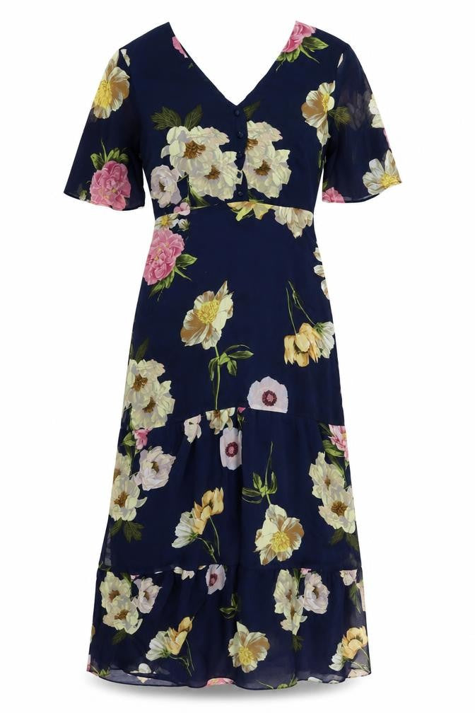 Front view of Warehouse women’s blue floral polyester a-line, size UK 10, v-neck zip