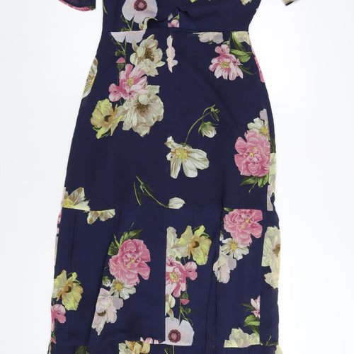 Warehouse Womens Blue Floral Polyester A-Line Size 10 V-Neck Zip
