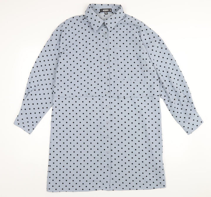 Missguided Womens Blue Polka Dot Polyester Shirt Dress Size 6 Collared Button