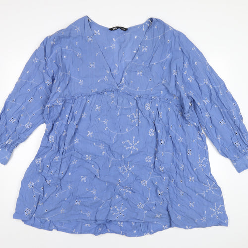 Zara Womens Blue Cotton A-Line Size XL V-Neck Pullover