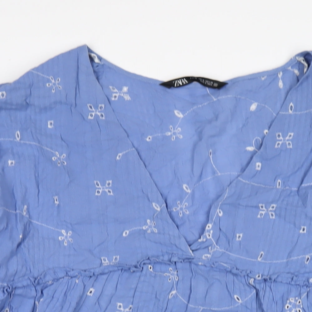 Zara Womens Blue Cotton A-Line Size XL V-Neck Pullover