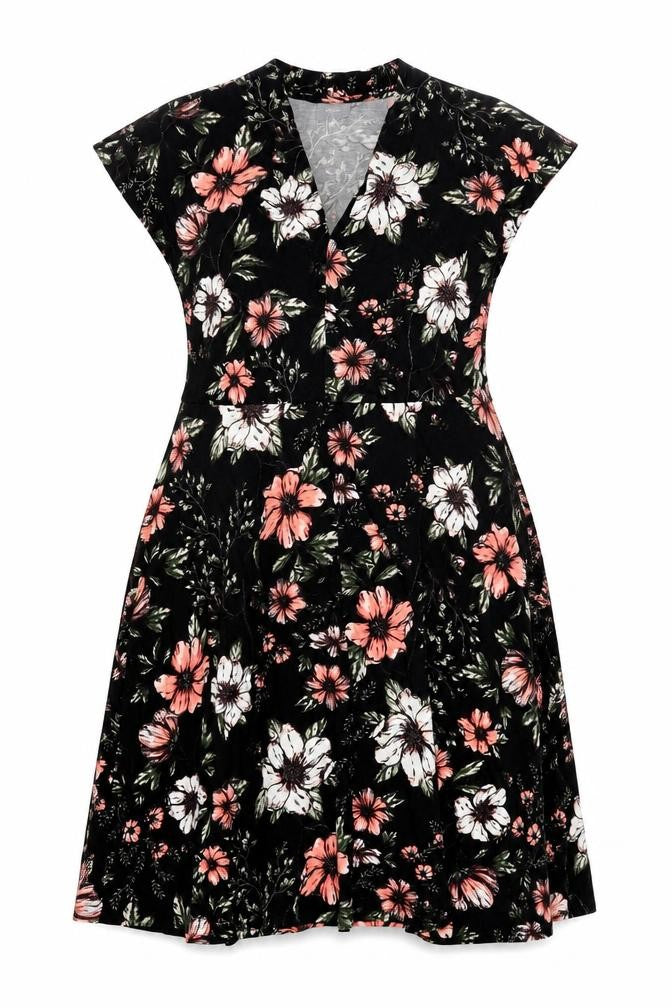 Front view of b.young women’s black floral viscose a-line, size XL, v-neck pullover