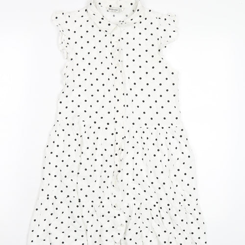Stradivarius Womens White Polka Dot Viscose Shirt Dress Size M Collared Button