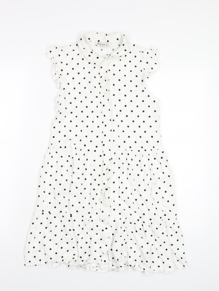 Stradivarius Womens White Polka Dot Viscose Shirt Dress Size M Collared Button