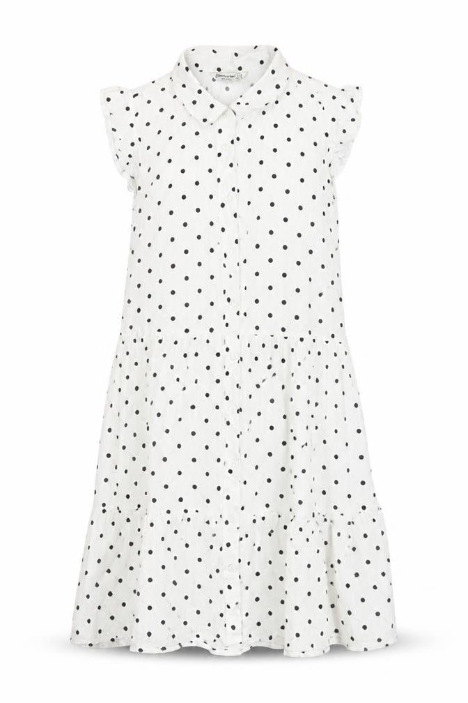 Front view of Stradivarius women’s white polka dot viscose shirt dress, size M, collared button