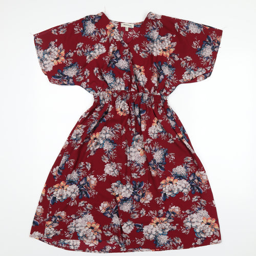 Monteau Womens Red Floral Polyester A-Line Size L Round Neck Pullover