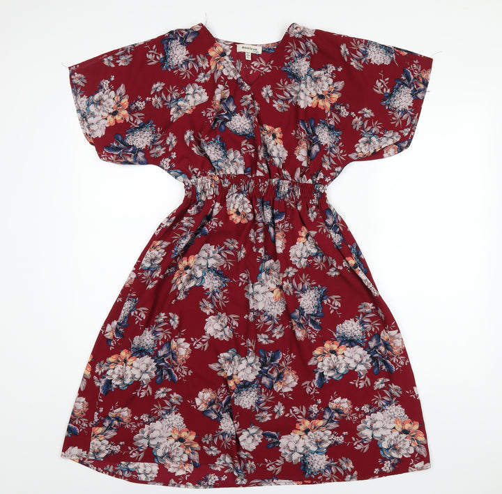 Monteau Womens Red Floral Polyester A-Line Size L Round Neck Pullover