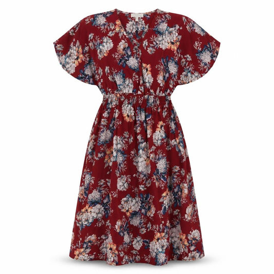 Front view of Monteau women’s red floral polyester a-line, size L, round neck pullover
