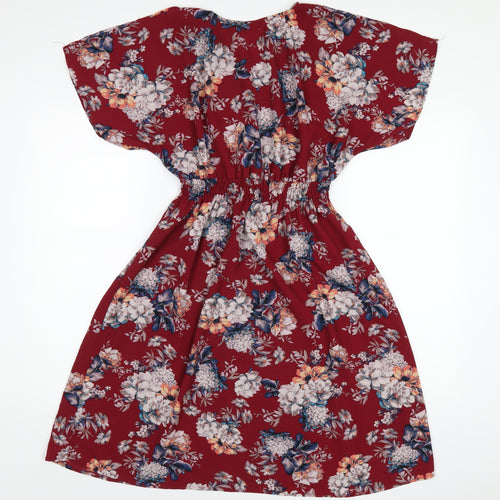 Monteau Womens Red Floral Polyester A-Line Size L Round Neck Pullover