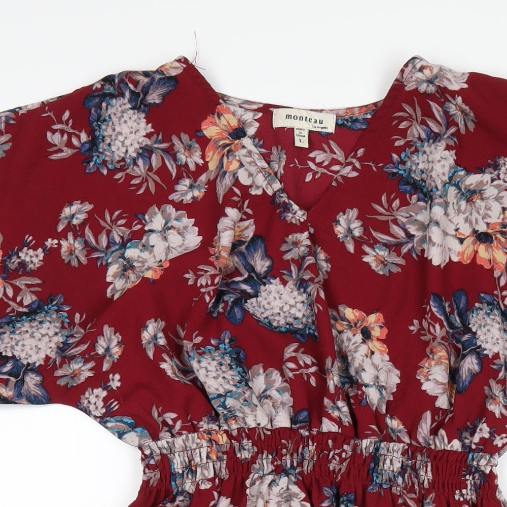 Monteau Womens Red Floral Polyester A-Line Size L Round Neck Pullover