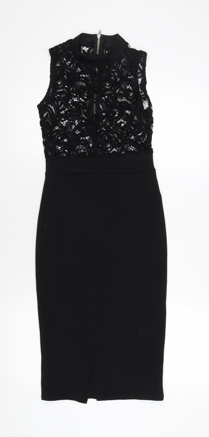 Quiz Womens Black Nylon Bodycon Size 8 Mock Neck Zip