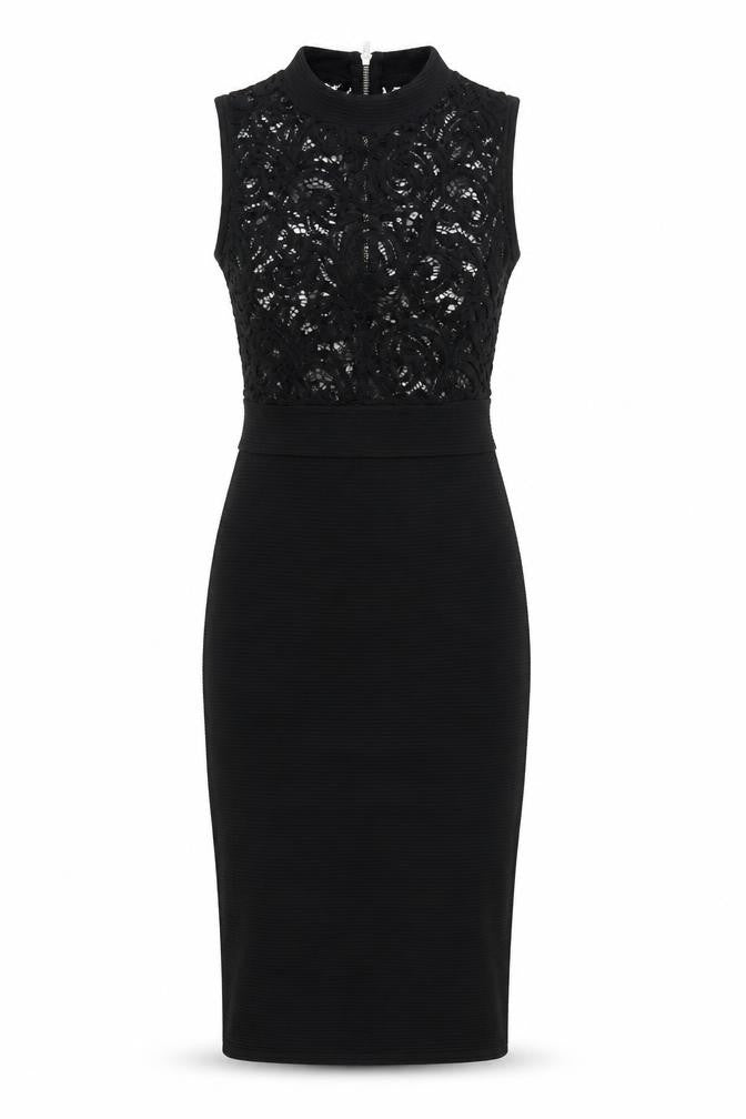 Front view of Quiz women’s black nylon bodycon, size UK 8, mock neck zip