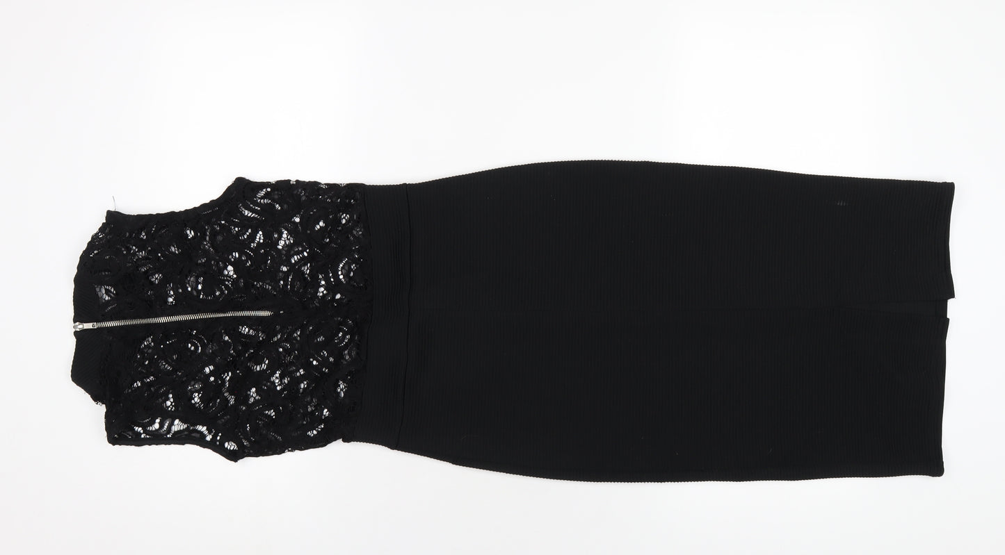 Quiz Womens Black Nylon Bodycon Size 8 Mock Neck Zip