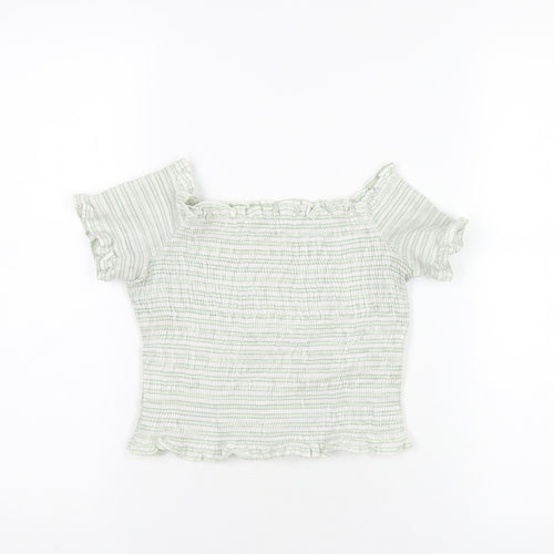 Zara Womens Green Striped Cotton Cropped T-Shirt Size S Off the Shoulder