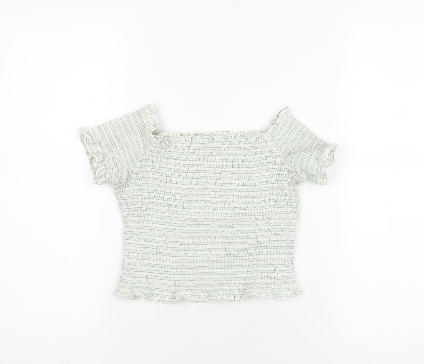 Zara Womens Green Striped Cotton Cropped T-Shirt Size S Off the Shoulder