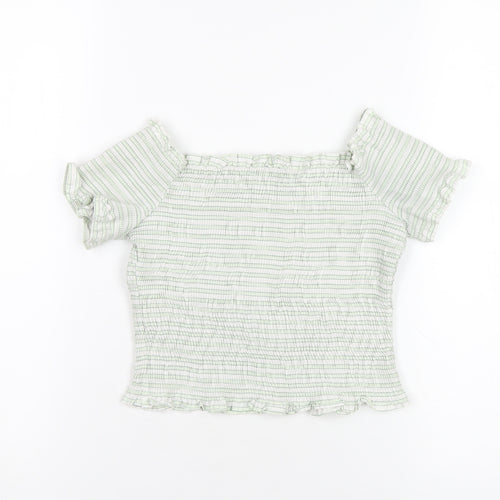 Zara Womens Green Striped Cotton Cropped T-Shirt Size S Off the Shoulder