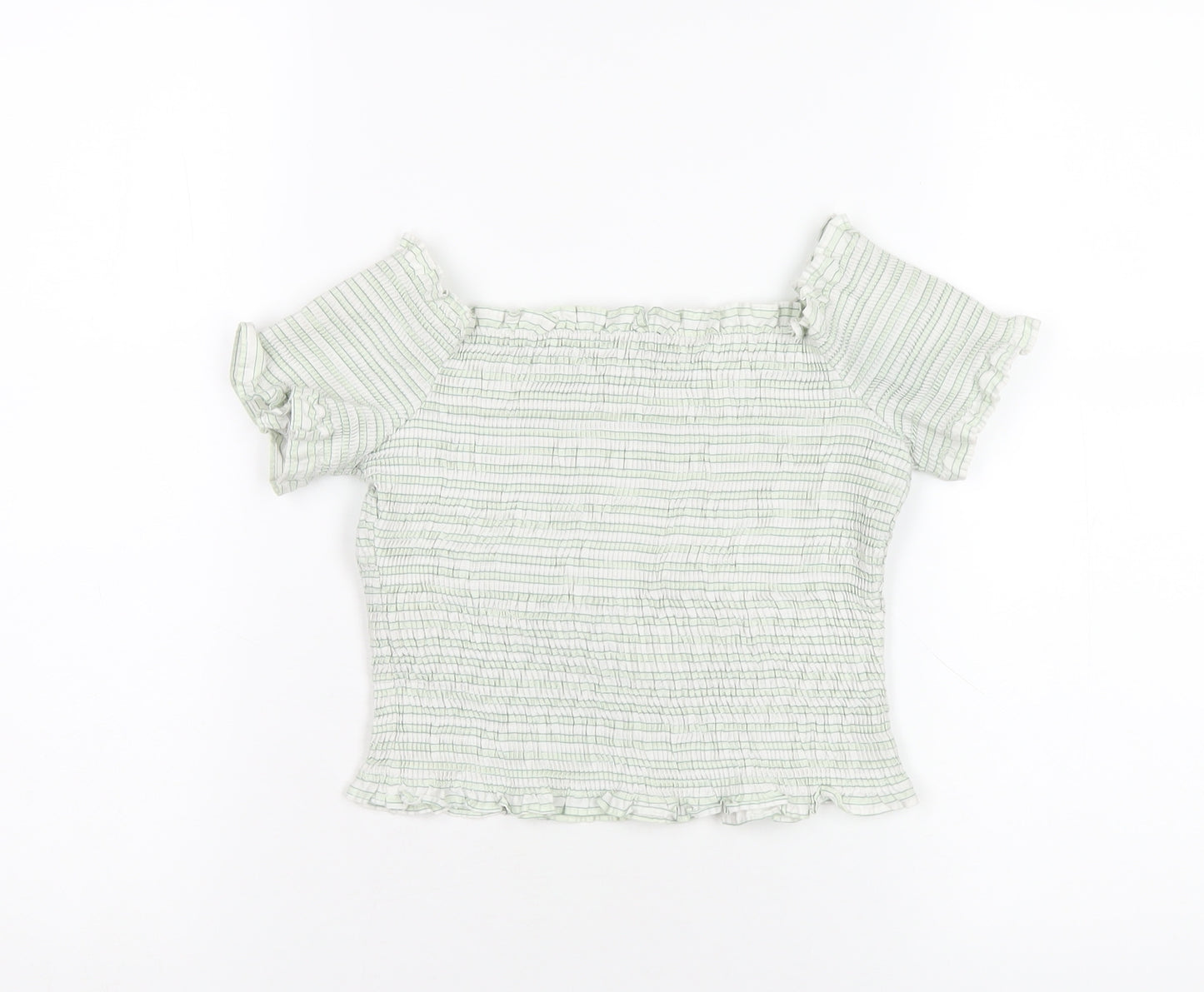 Zara Womens Green Striped Cotton Cropped T-Shirt Size S Off the Shoulder