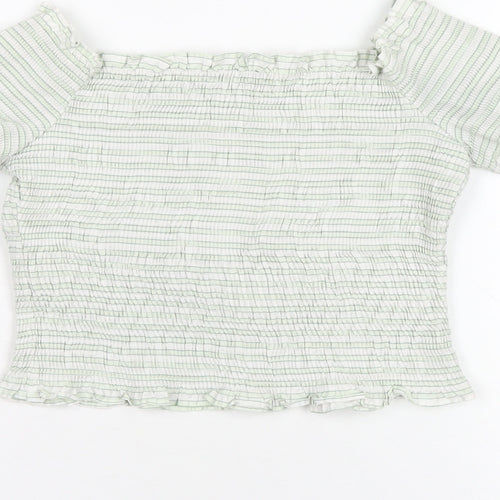 Zara Womens Green Striped Cotton Cropped T-Shirt Size S Off the Shoulder