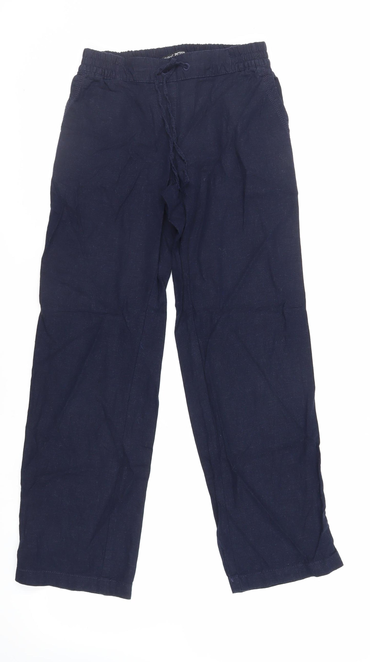 NEXT Womens Blue Linen Trousers Size 6 L28 in Regular Drawstring - Elasticated Waist