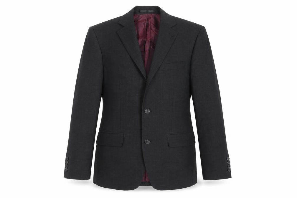 Front view of Tom English men’s black polyester jacket suit jacket, size 36, regular