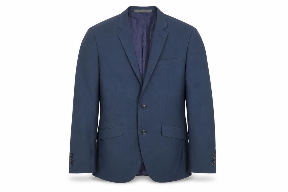 Front view of Marks & Spencer men’s blue polyester jacket suit jacket, size 36, regular