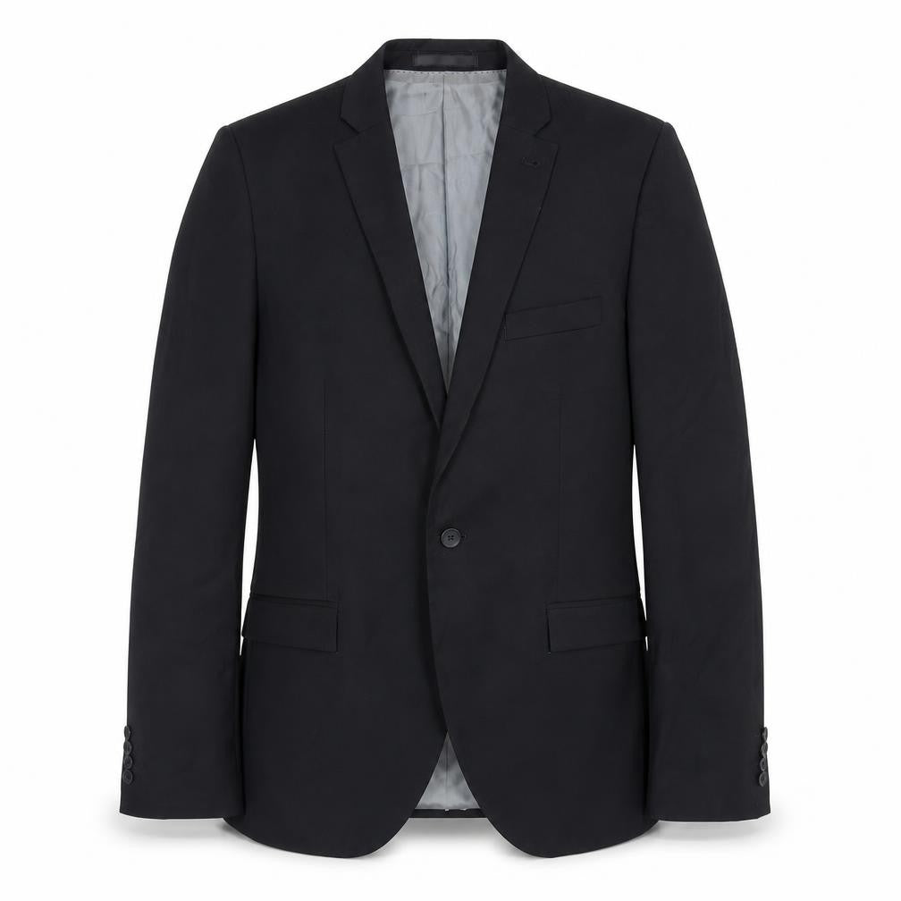 Front view of Topman men’s black polyester jacket suit jacket, size 38, regular