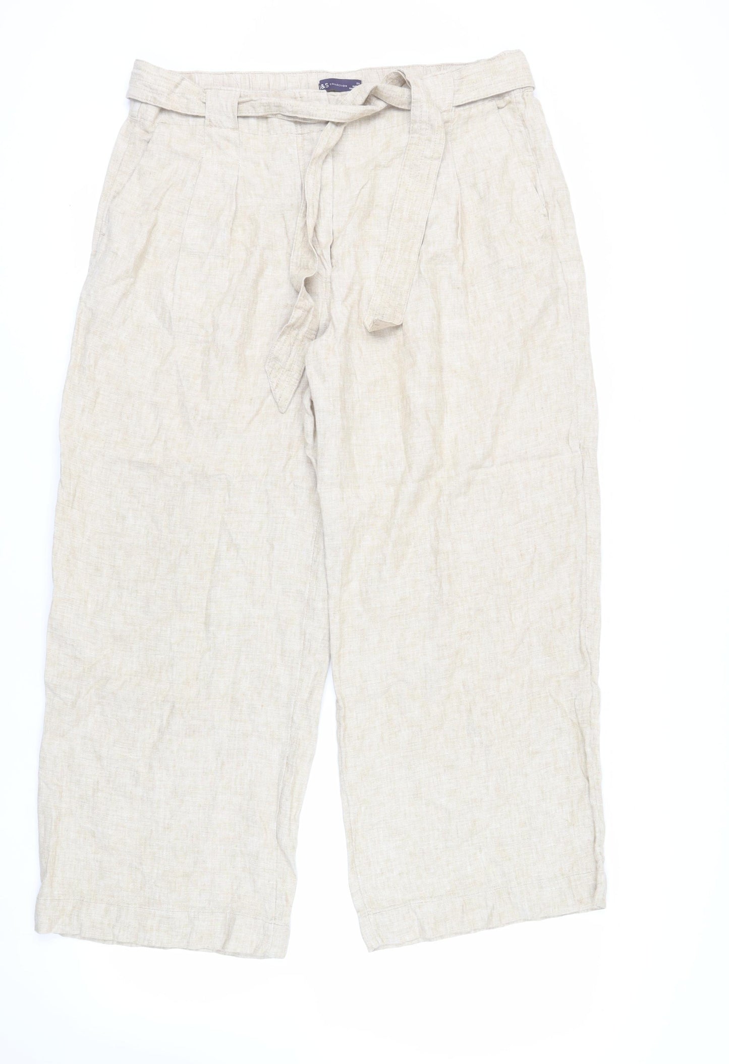 Marks and Spencer Womens Beige Linen Trousers Size 20 L28 in Regular Zip - Belted