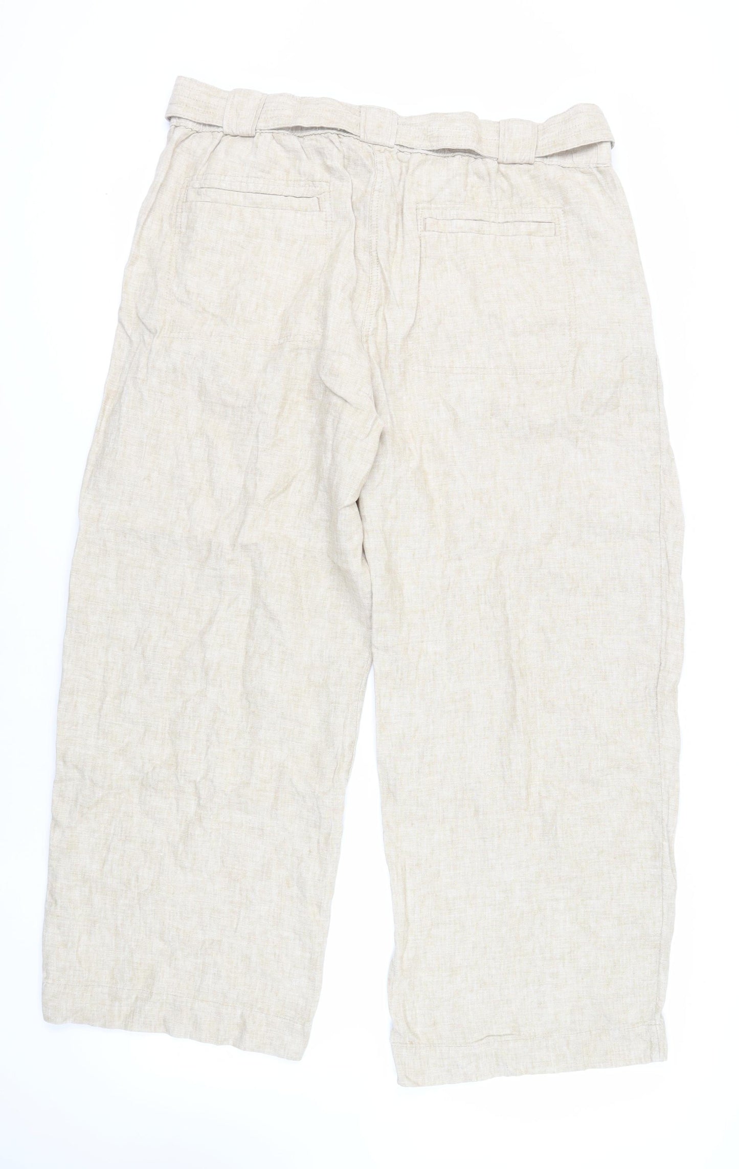 Marks and Spencer Womens Beige Linen Trousers Size 20 L28 in Regular Zip - Belted