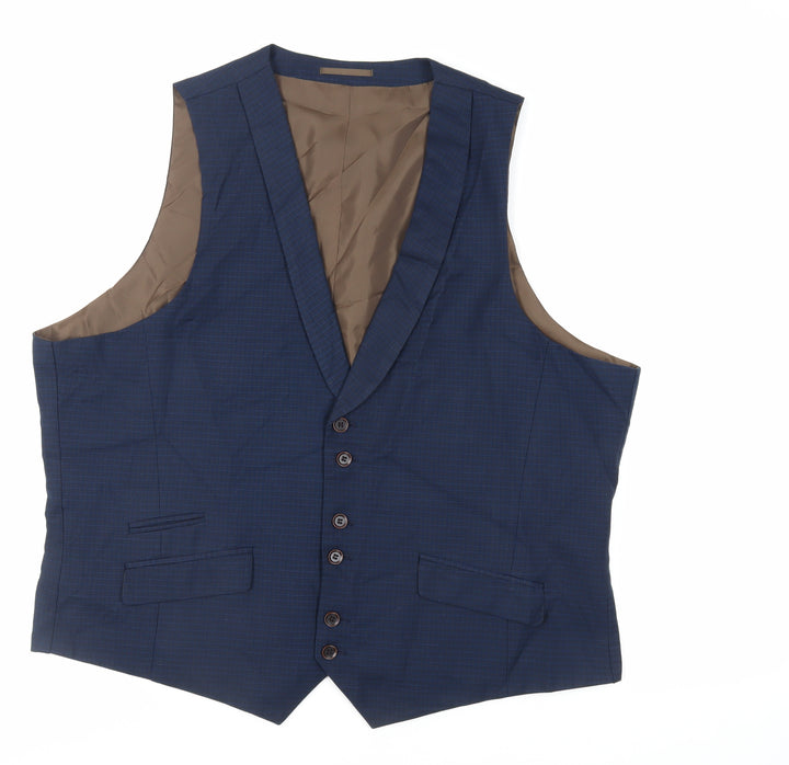 Fellini Mens Blue Plaid Polyester Jacket Suit Waistcoat Size 48 Regular