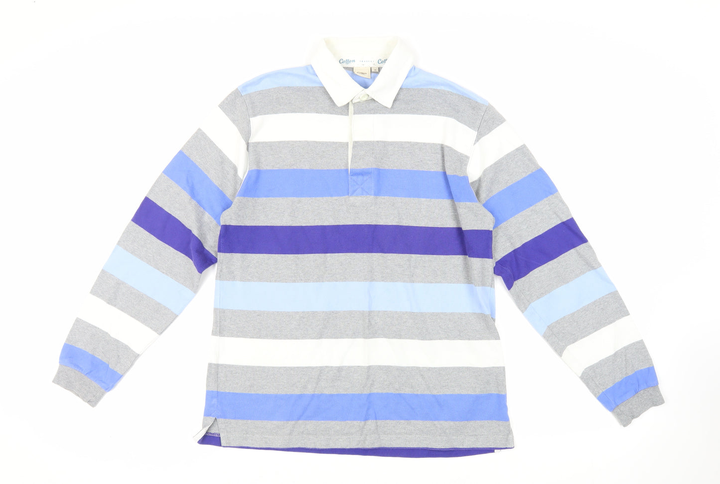 Cotton Traders Mens Blue Striped Cotton Polo Size M Collared Button