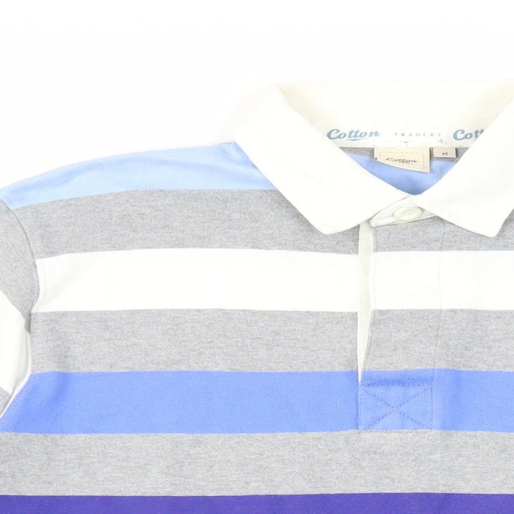Cotton Traders Mens Blue Striped Cotton Polo Size M Collared Button