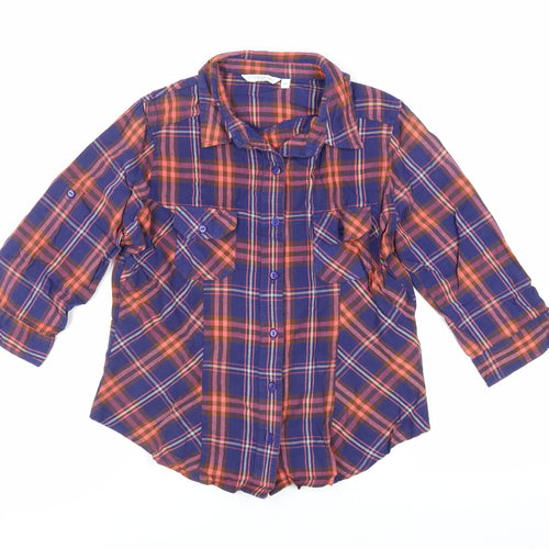 New Look Womens Blue Plaid Camel Basic Button-Up Size 14 Collared
