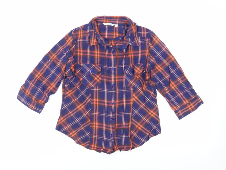 New Look Womens Blue Plaid Camel Basic Button-Up Size 14 Collared