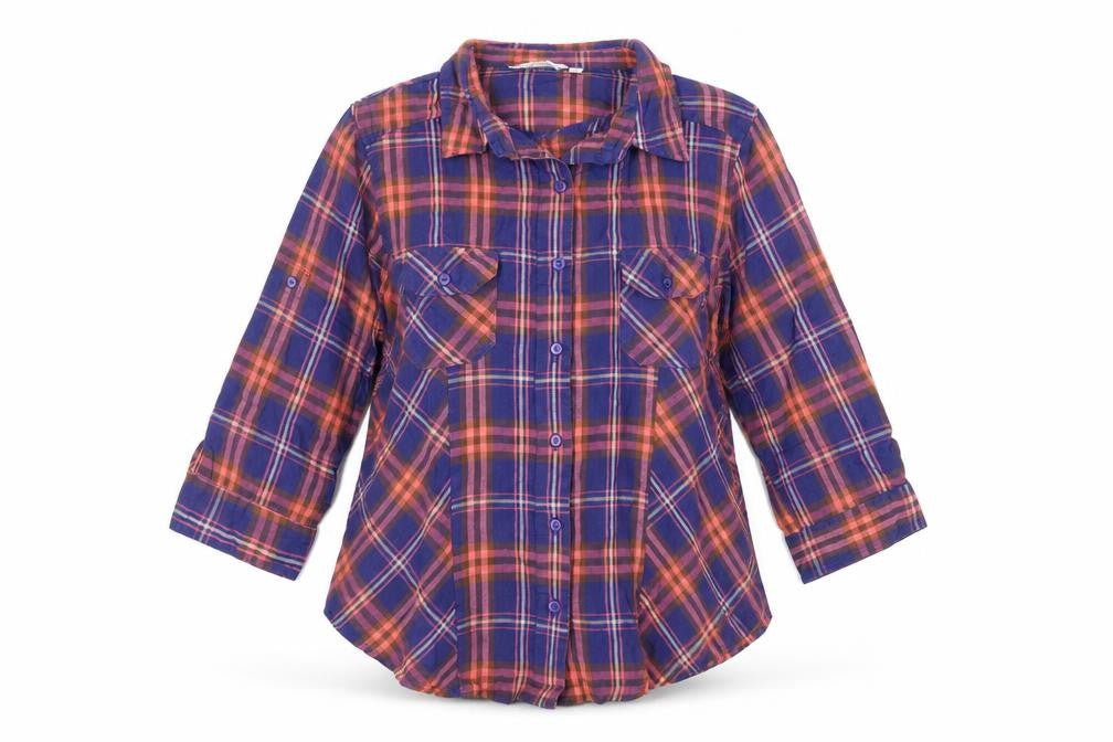 Front view of New Look women’s blue plaid camel basic button-up, size UK 14, collared