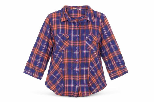 Front view of New Look women’s blue plaid camel basic button-up, size UK 14, collared