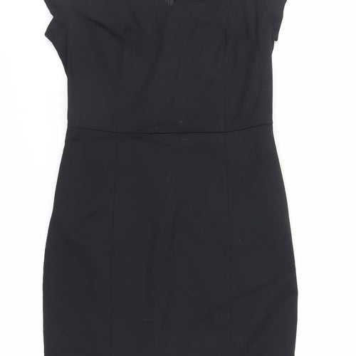 Mango Womens Black Cotton Pencil Dress Size L V-Neck Zip