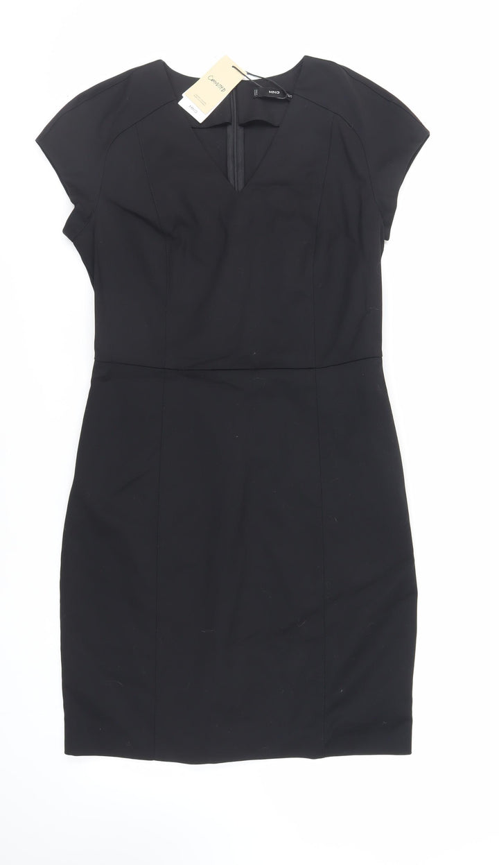 Mango Womens Black Cotton Pencil Dress Size L V-Neck Zip